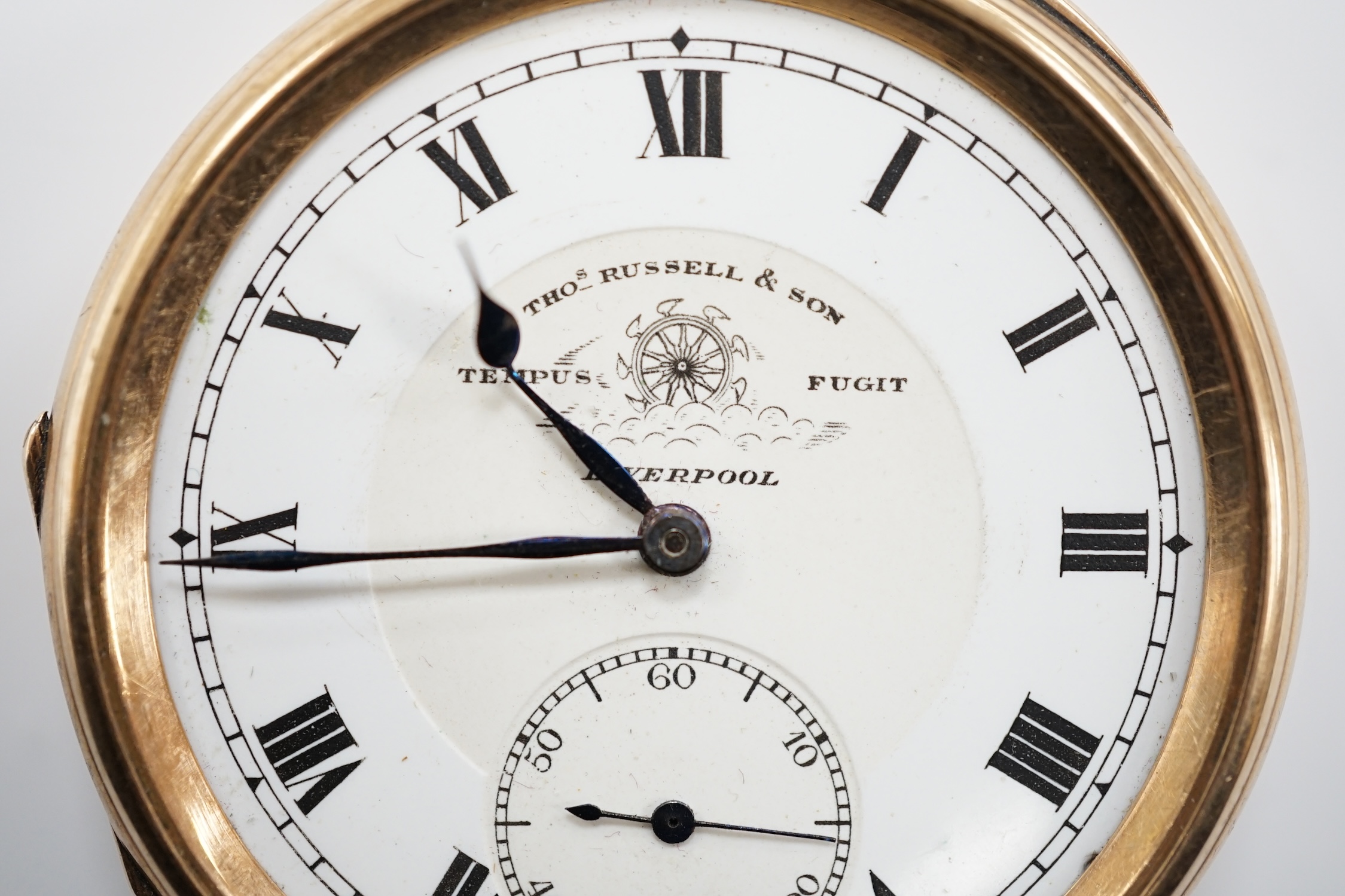 A 9ct gold open face pocket watch by Thomas Russell & Sons of Liverpool, with Roman dial